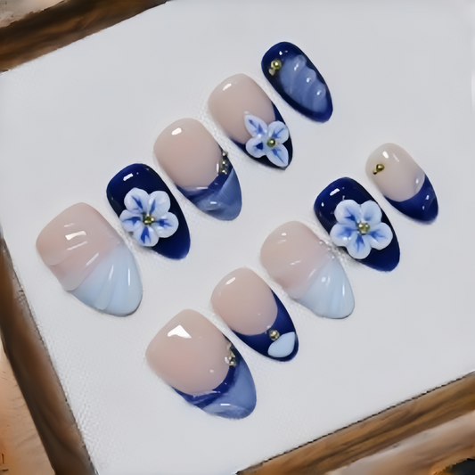 Blue Mirage Bloom | Short Almond | Handmade Press-On Nails | Removable and Reusable | Free Tool Kit Included