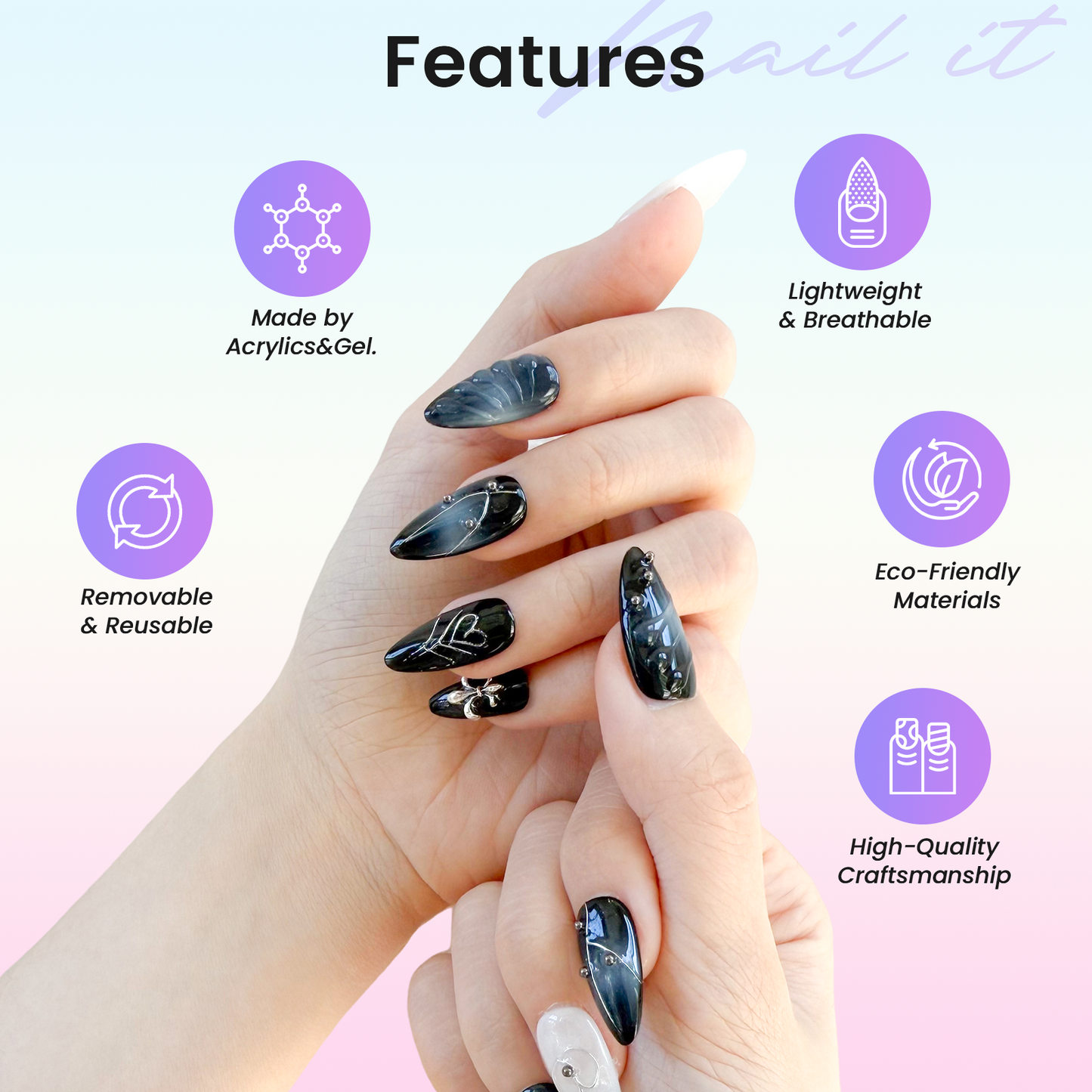Short Square Hand-Painted Rainbow Peach Press On Nails | Cute Cartoon Handmade Nails|Free Tool Kit Set Included
