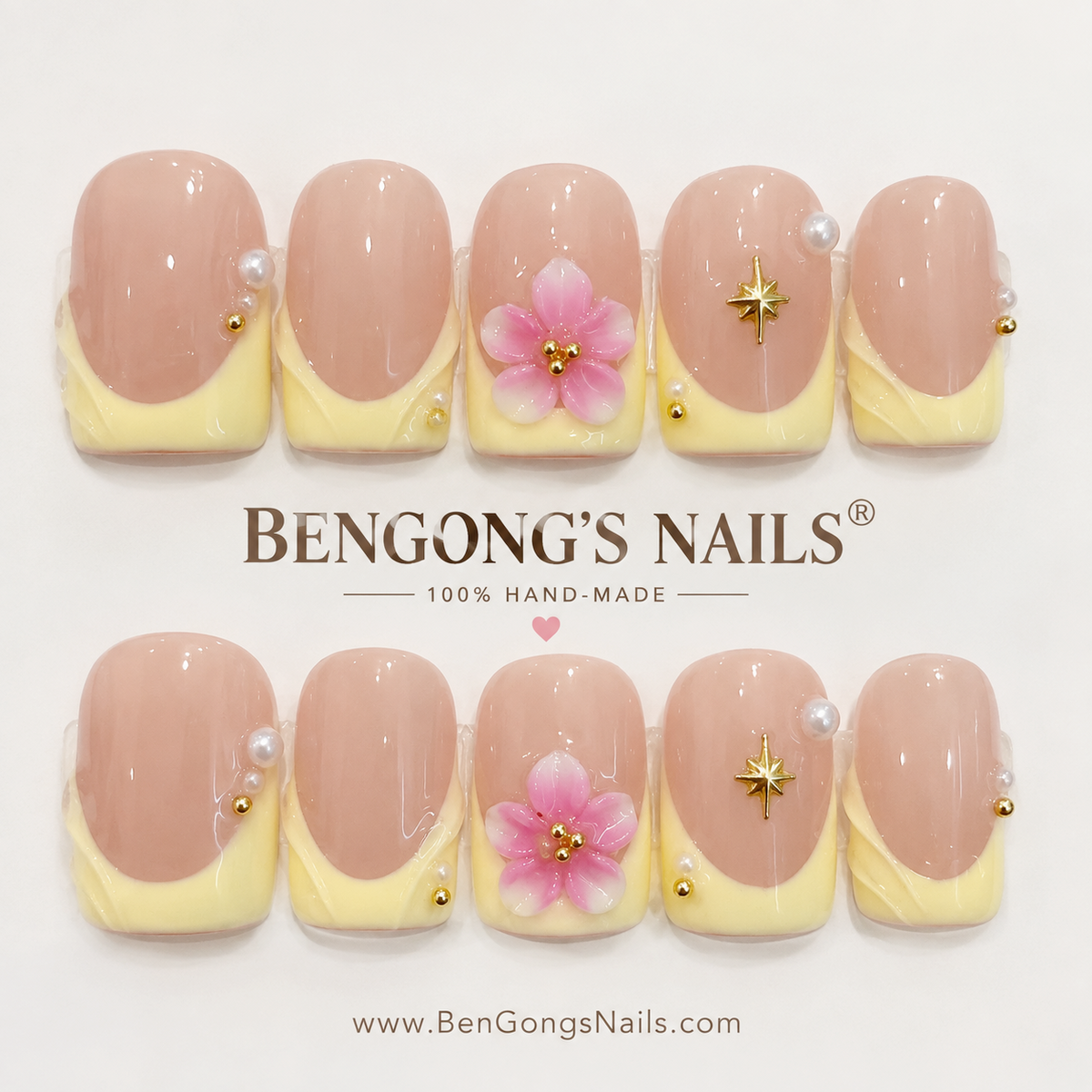 Lemon Blossom | Yellow French Tip Floral Square Handmade Press-On Nails | Removable and Reusable | Free Tool Kit Included