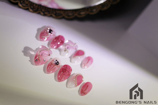 Glitter Press On Nails|Pink Melting Heart Press on Nails with Chain|kawaii nails relief oil painting nails|Free Tool Kit Set Included