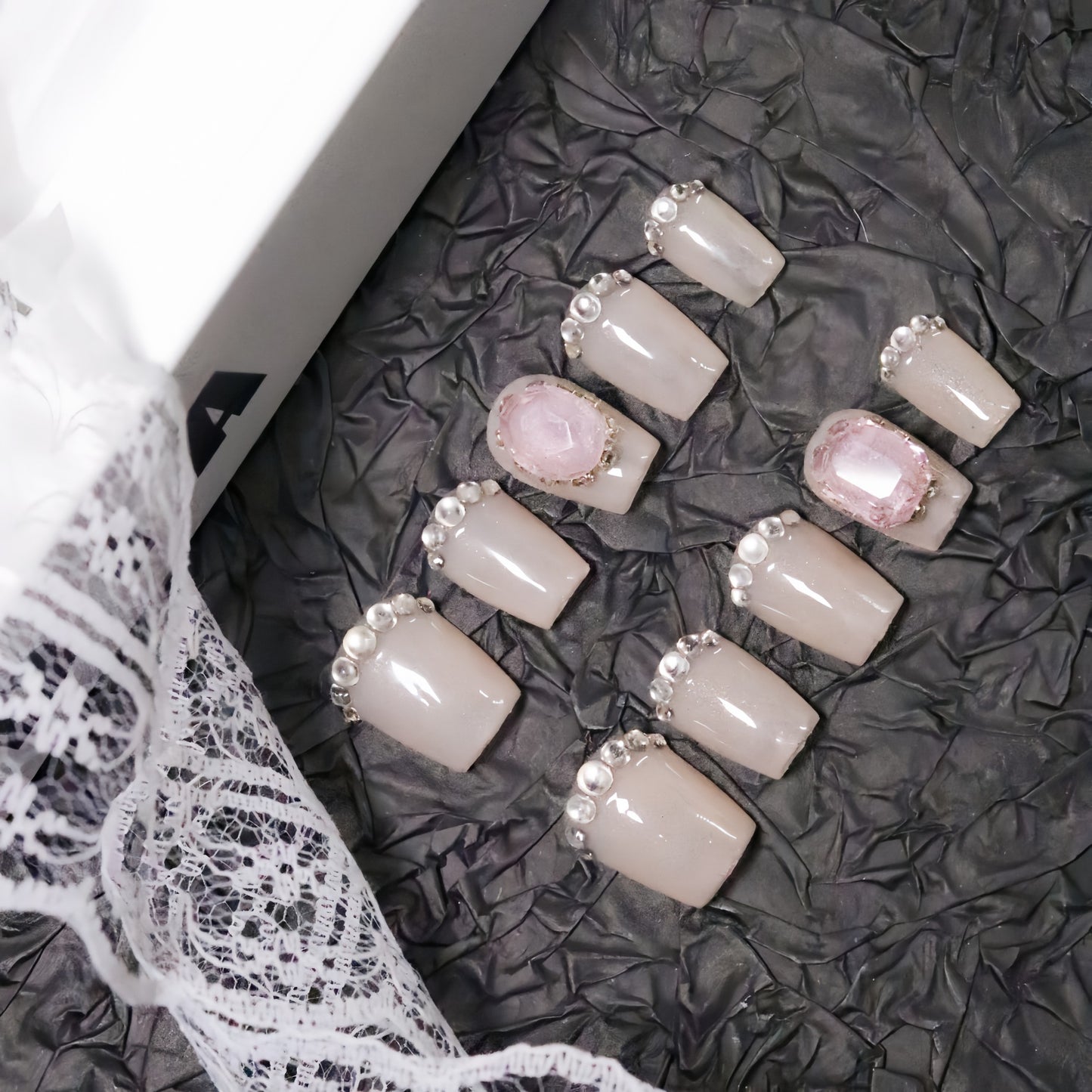 Nude Transparent Short Press On Nails | Gentle Pink Mist Diamond Handmade Nails|Free Tool Kit Set Included