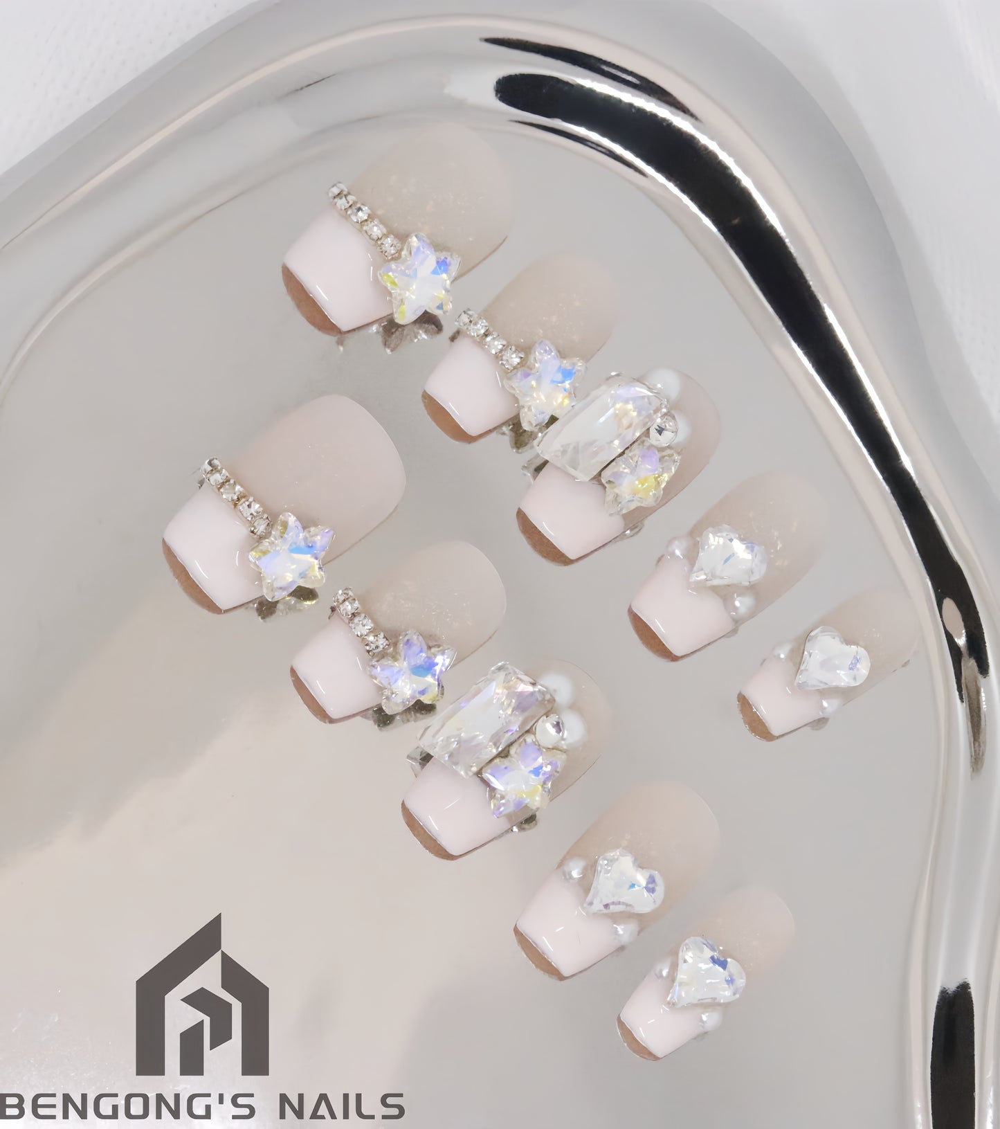 Colorful 3D Crystal Press On Nails| French-style High-end Gentle Handmade Nails|Free Tool Kit Set Included
