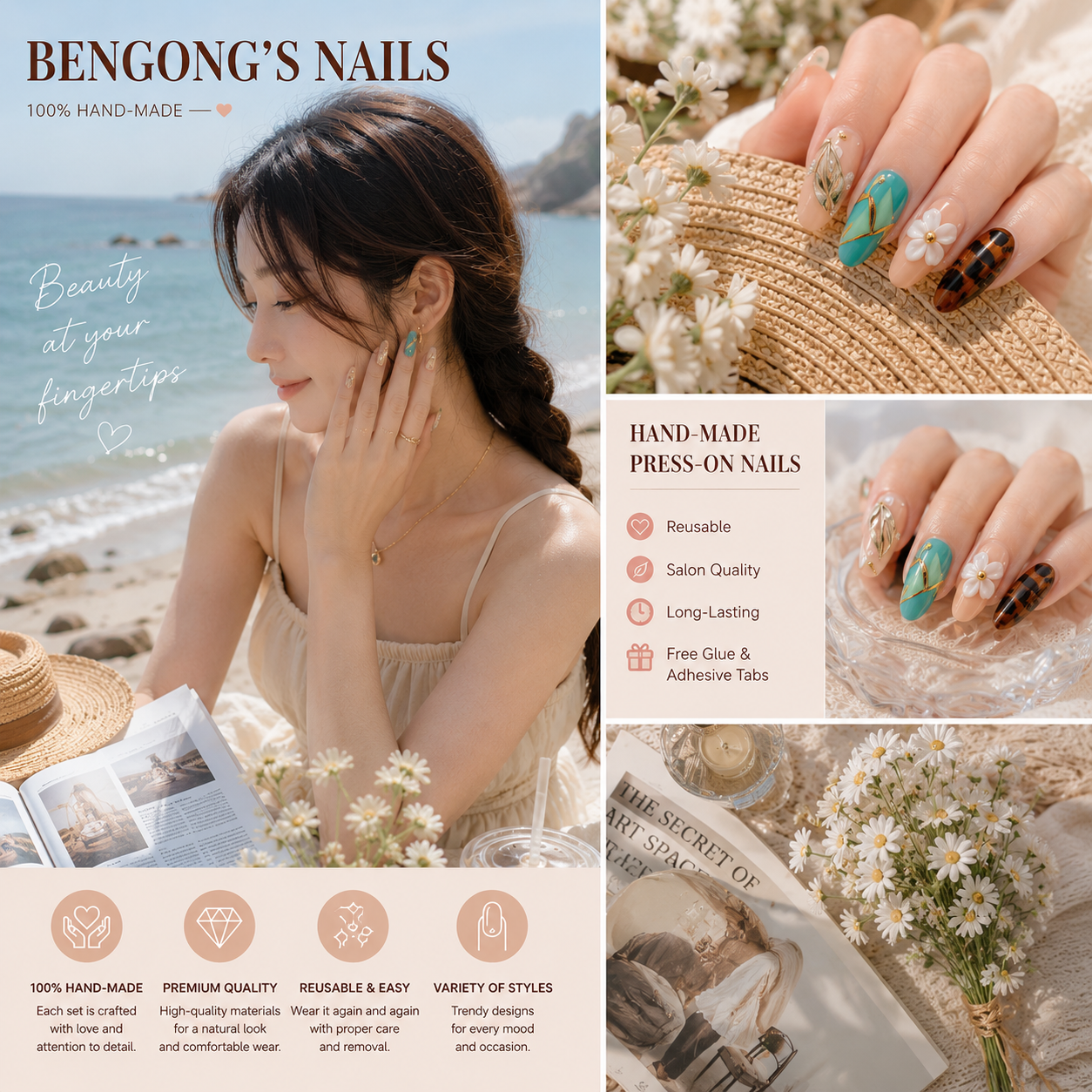 Turquoise Tortoise Bloom | Short Almond Handmade Press-On Nails | Removable and Reusable | Free Tool Kit Included
