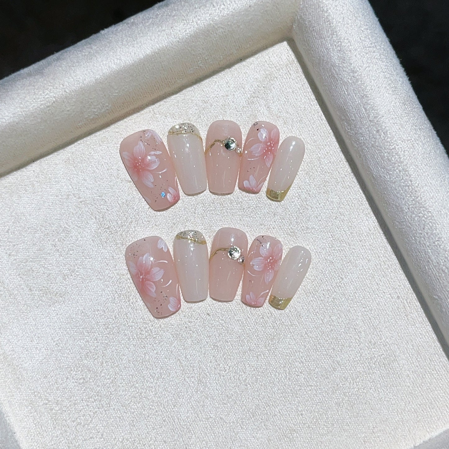 Blossom Handmade Press-On Nails | Medium Coffen |  Removable and Reusable | Free Tool Kit Included
