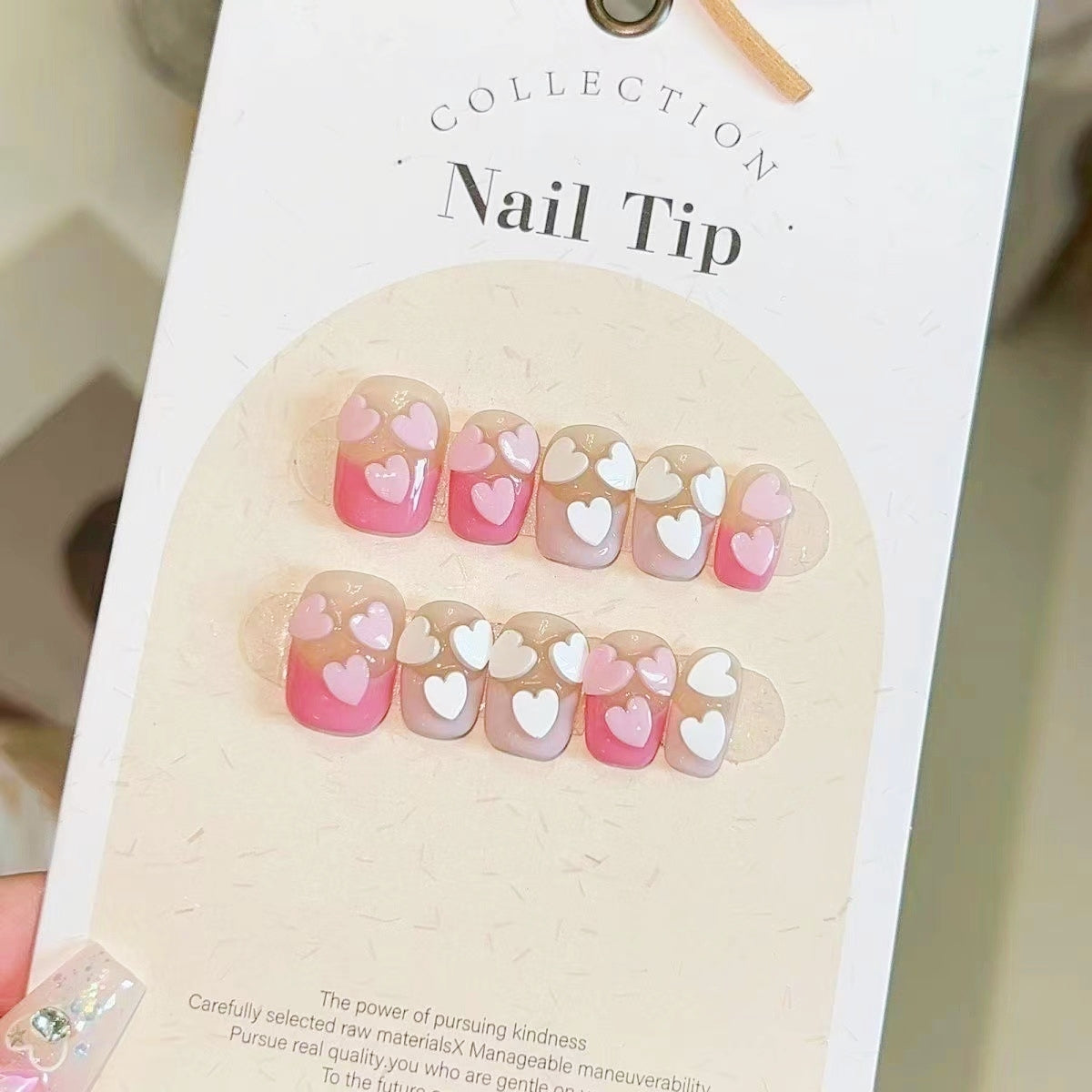 Cute Sweetheart French Contrast Color Press On Nails| Short Pink Blush Heart Patch Handcrafted Nails|Free Tool Kit Set Included