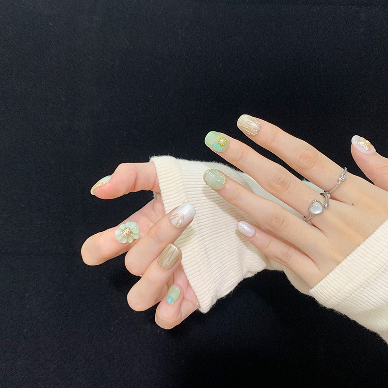 Super Short Oval Light Green Press-On Nails with Handmade Floral and Gold Line Design | Removable & Reusable | Free Tool Kit Included