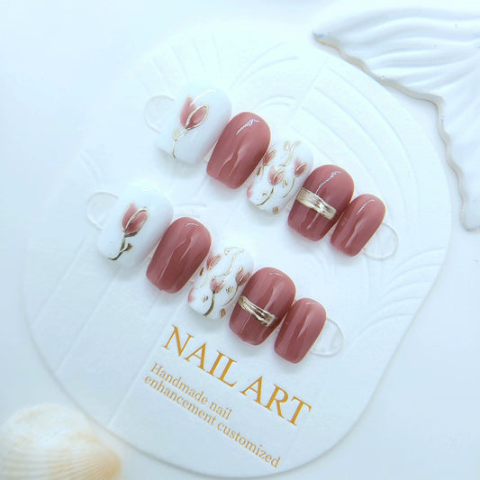 Ultra-Short Square Blush Pink and White & Hand-Painted Gold Filigree Rose Press-On Nails| Removable and Reusable | Free Tool Kit Included