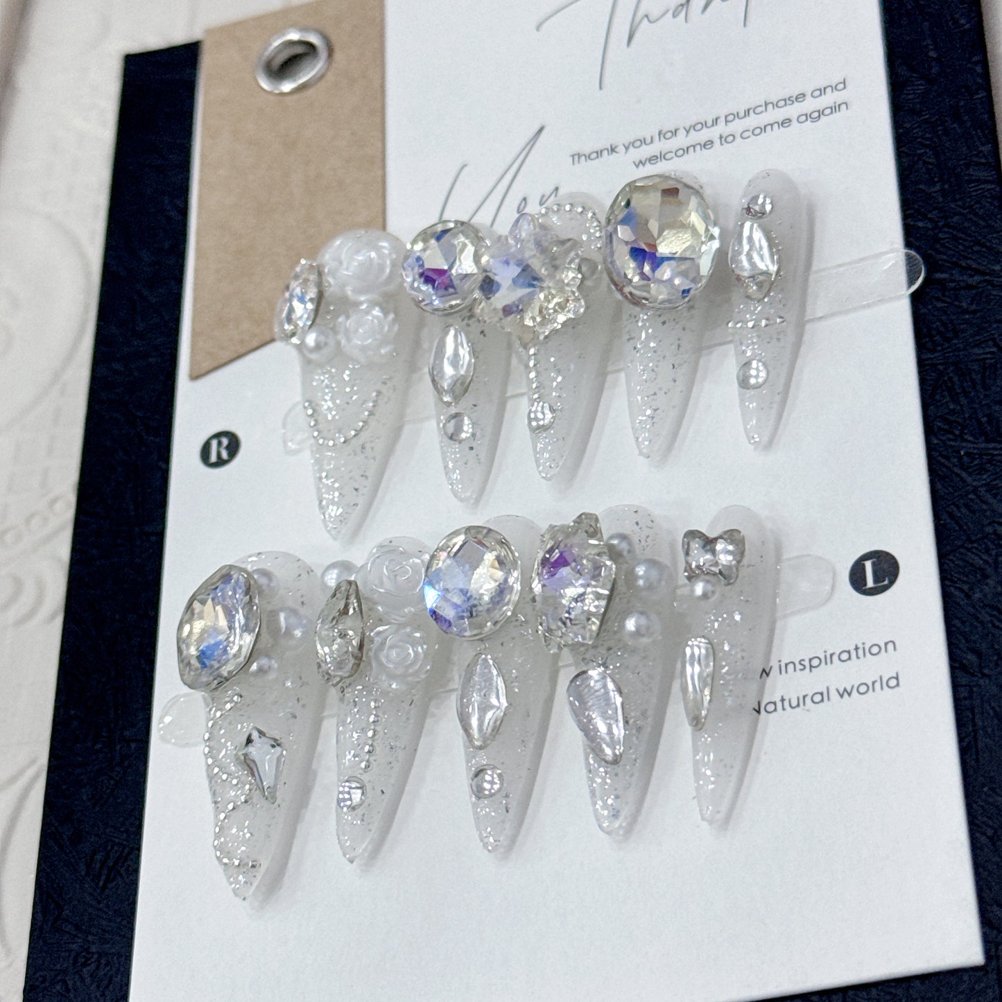 Luxurious Full Rhinestone Elegant Press On Nails|Long Almond Detachable and Reusable Handcrafted Nails|Free Tool Kit Set Included