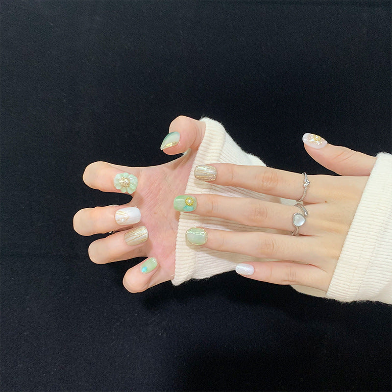 Super Short Oval Light Green Press-On Nails with Handmade Floral and Gold Line Design | Removable & Reusable | Free Tool Kit Included