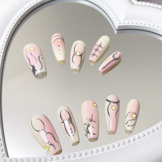 Hand-Painted Pink Blush Press On Nails | Simple Line Design Detachable and Reusable Handmade Nails|Free Tool Kit Set Included
