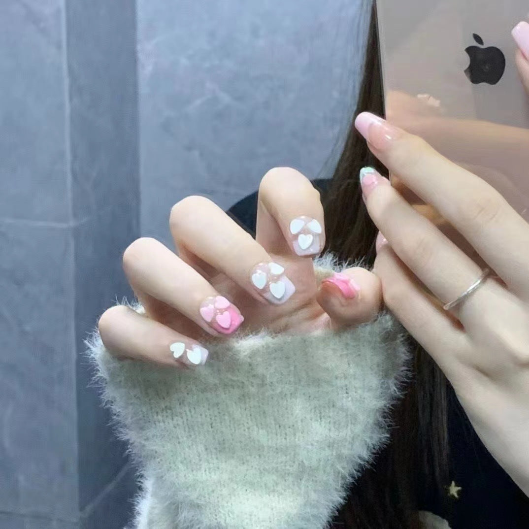 Cute Sweetheart French Contrast Color Press On Nails| Short Pink Blush Heart Patch Handcrafted Nails|Free Tool Kit Set Included