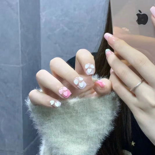 Cute Sweetheart French Contrast Color Press On Nails| Short Pink Blush Heart Patch Handcrafted Nails|Free Tool Kit Set Included