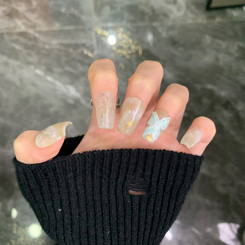 Medium Coffin Yellow-Green Ombre Hand-Painted Embossed Butterfly Press-On Nails | Removable and Reusable | Free Tool Kit Included