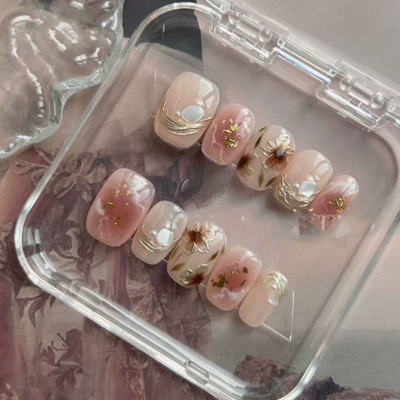 Ultra-Short Round Square Spring-Themed Hand-Painted Floral Press-On Nails| Removable and Reusable | Free Tool Kit Included