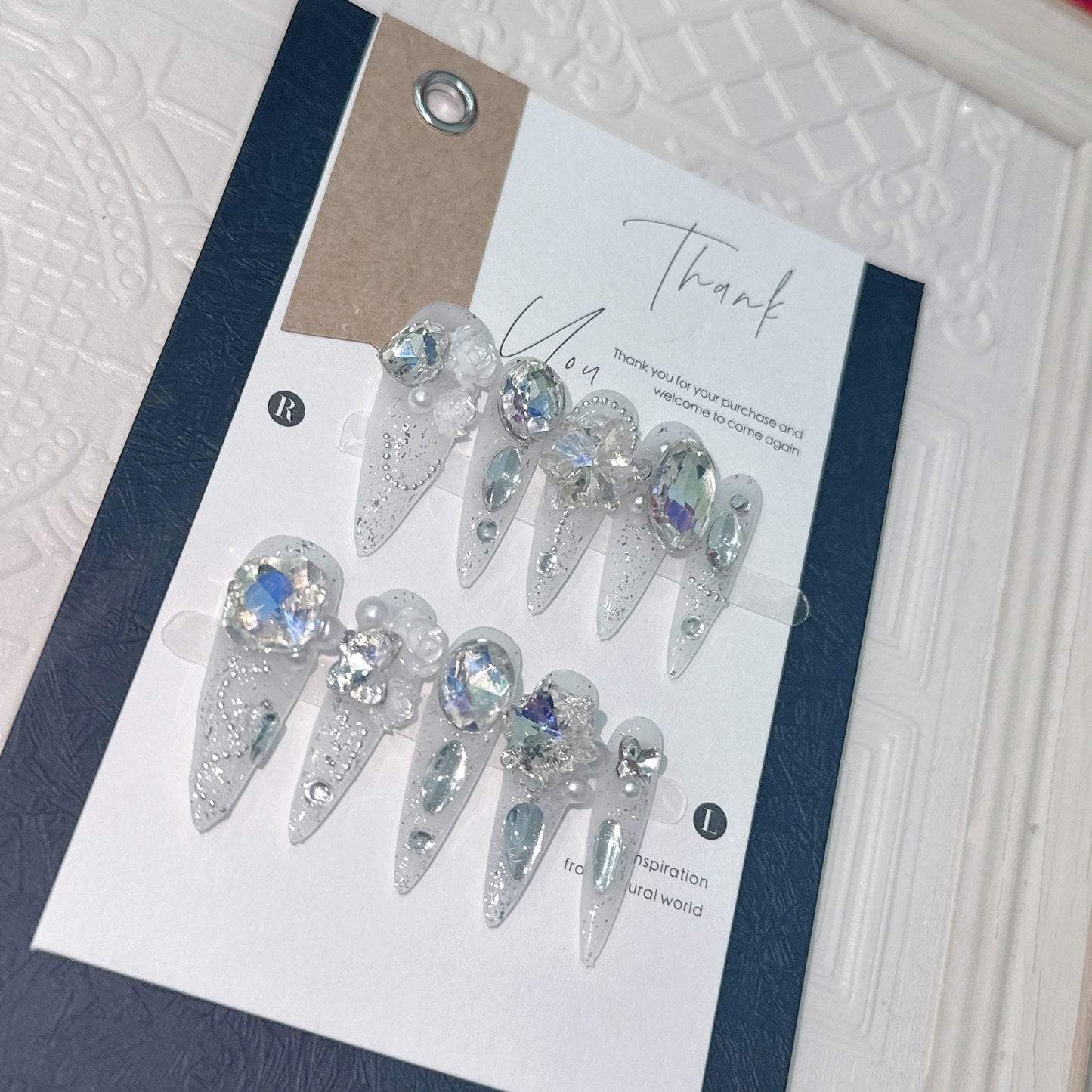 Luxurious Full Rhinestone Elegant Press On Nails|Long Almond Detachable and Reusable Handcrafted Nails|Free Tool Kit Set Included