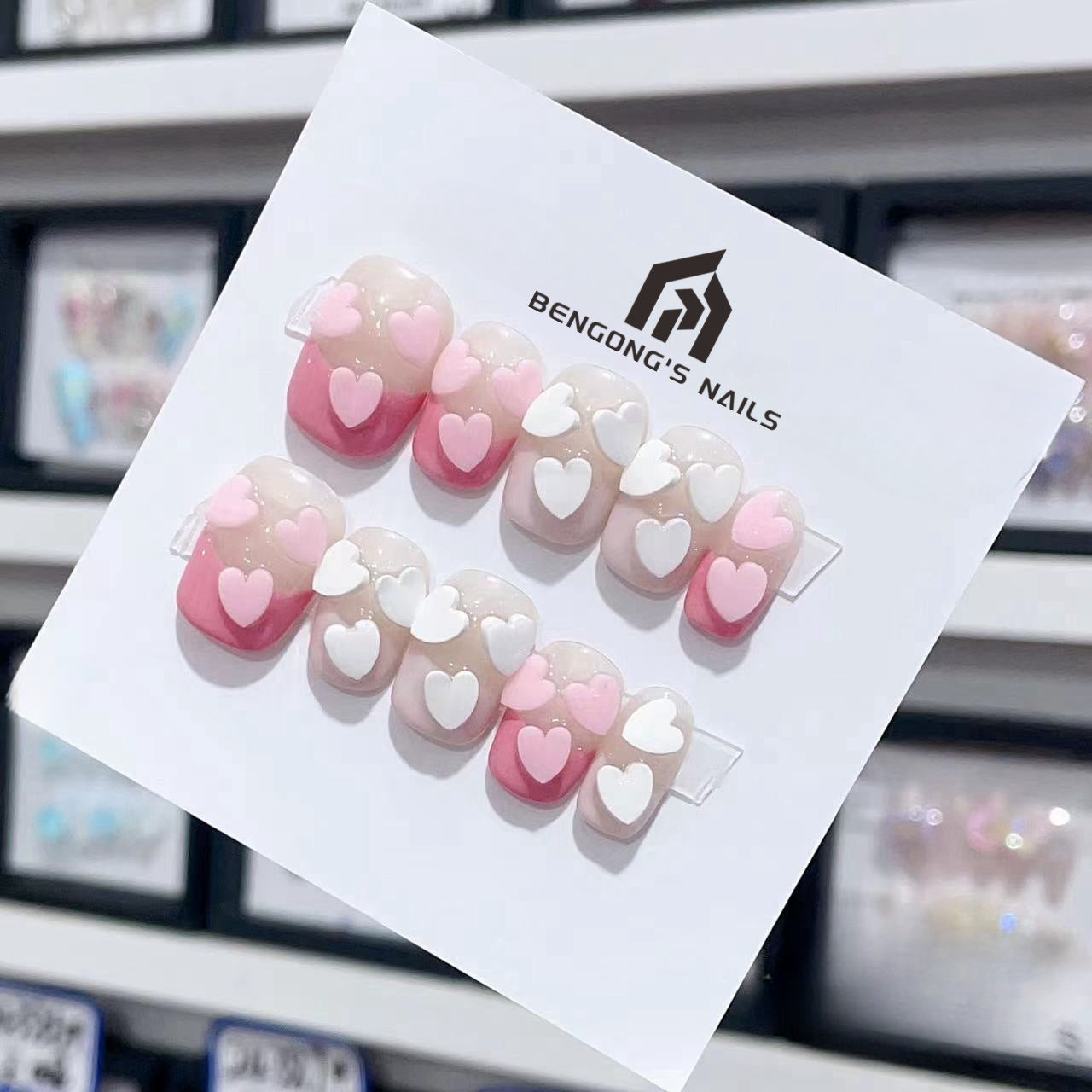 Cute Sweetheart French Contrast Color Press On Nails| Short Pink Blush Heart Patch Handcrafted Nails|Free Tool Kit Set Included