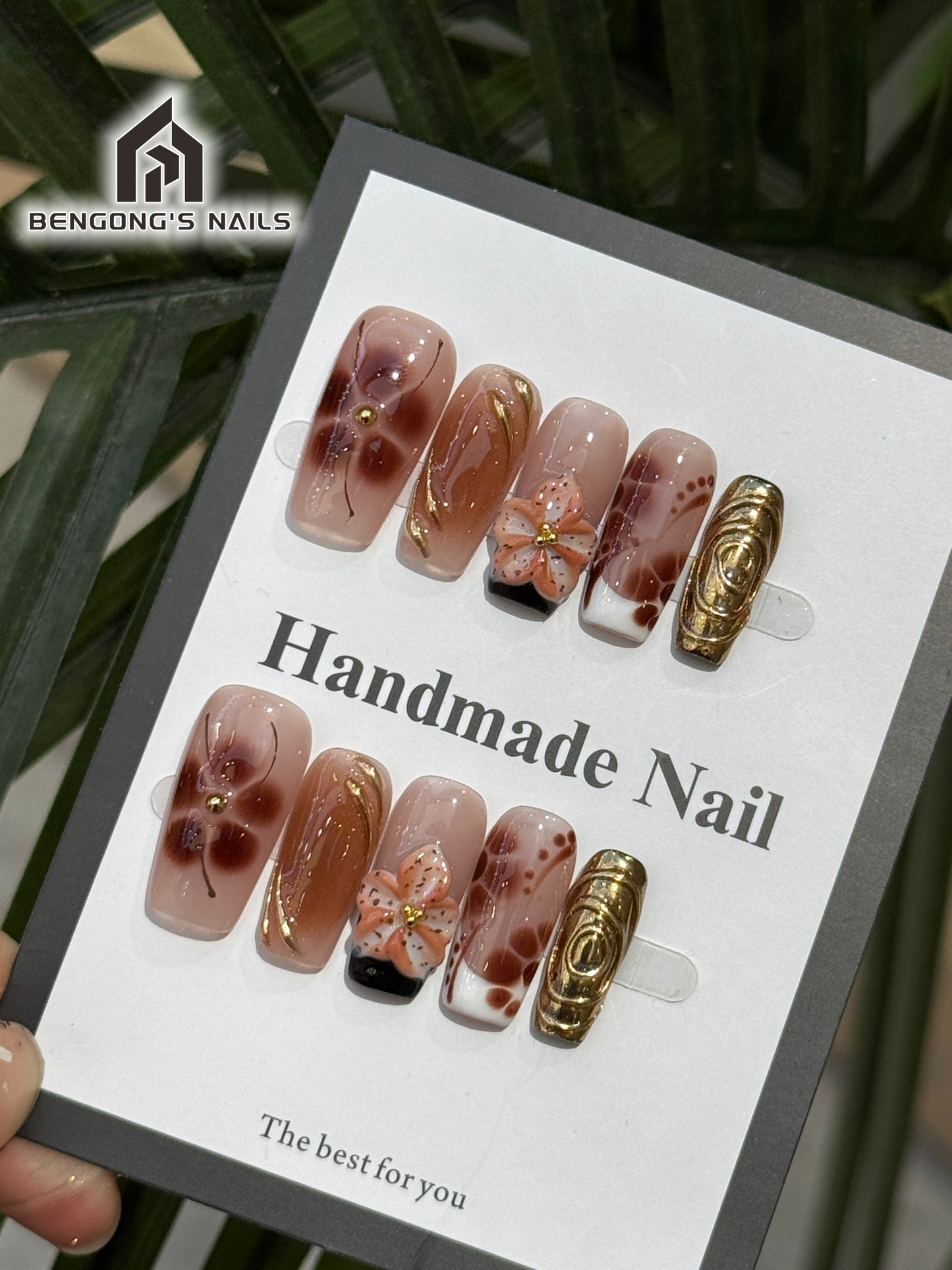 Caramel Floral Enamel-Inspired Handmade Press-On Nails |  Medium Square | Removable and Reusable | Free Tool Kit Included
