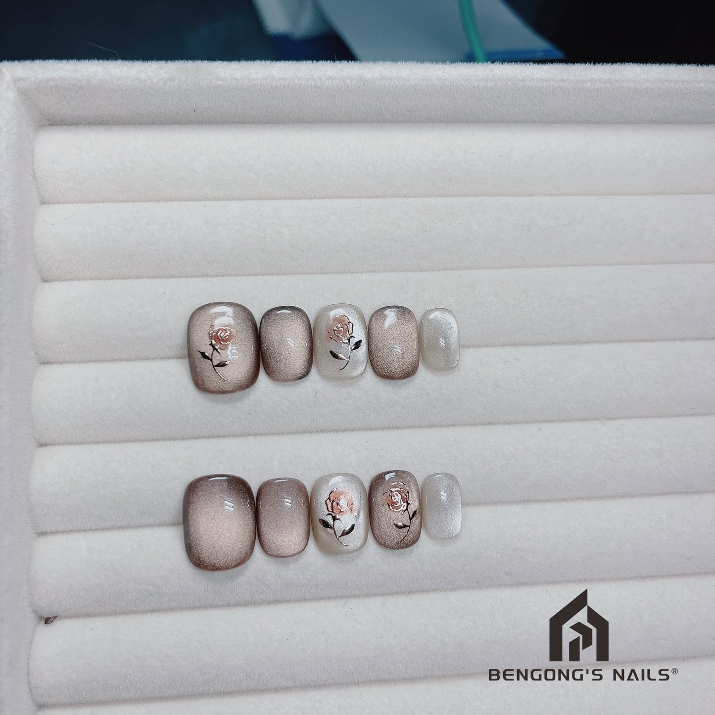 Mocha Rose Veil | Extra Short Round | Handmade Press-On Nails | Removable and Reusable | Free Tool Kit Included Regular