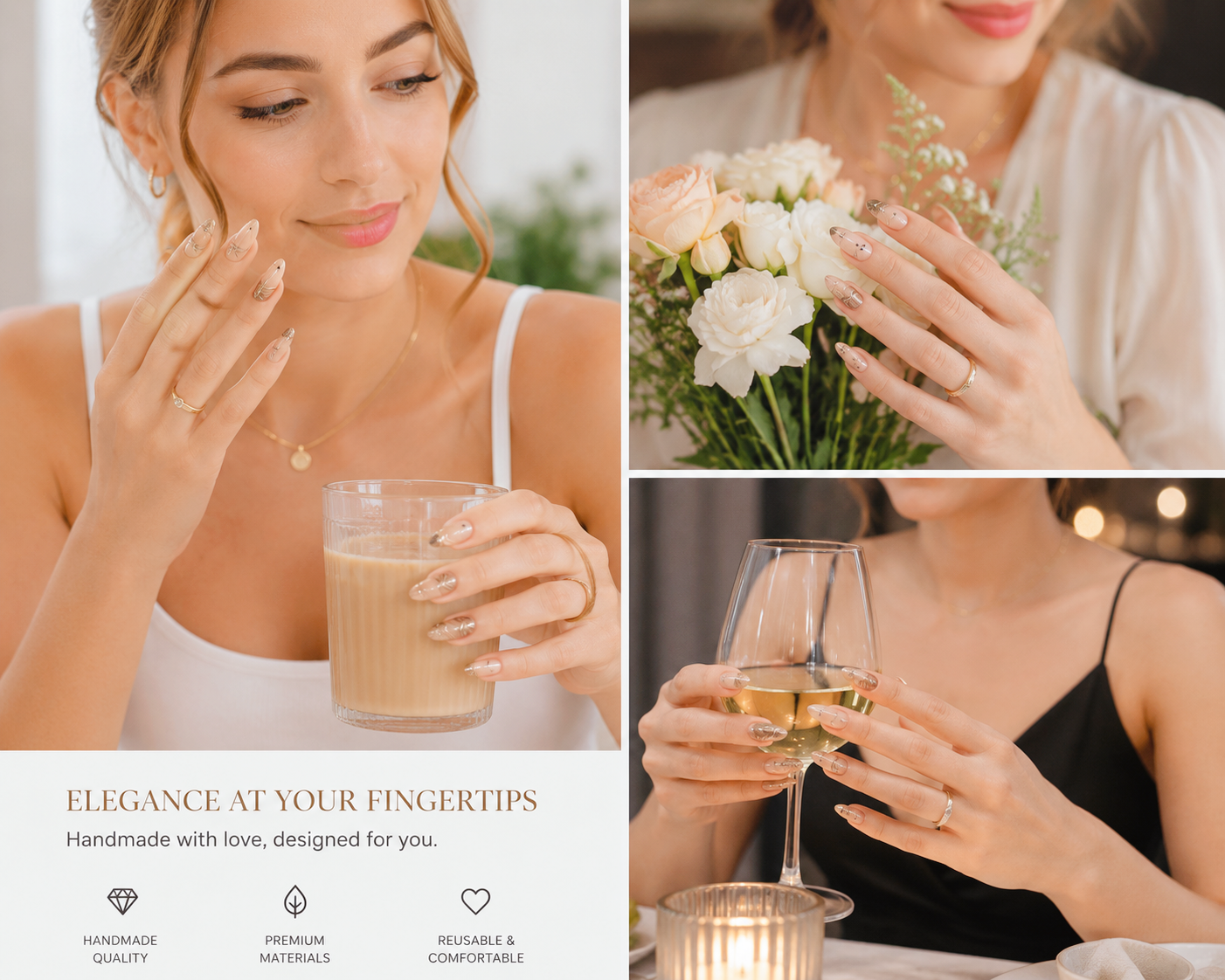 2 Shapes | Golden Whisper | Handmade Press-On Nails | Removable and Reusable | Free Tool Kit Included
