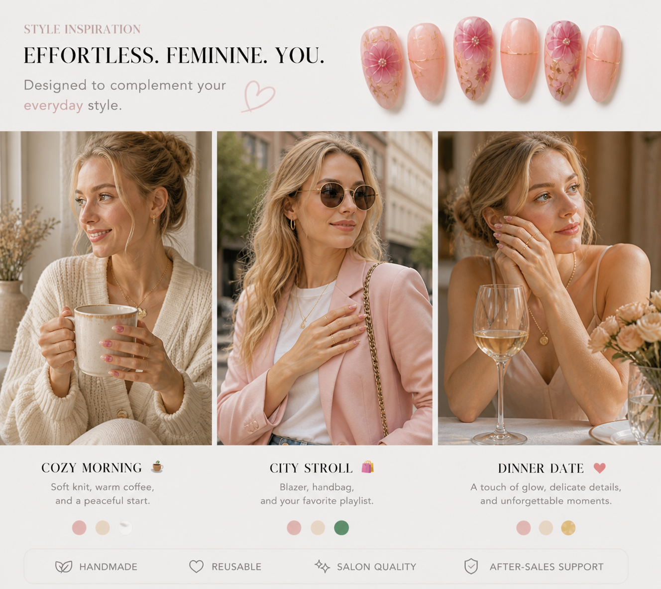 Blush Petals | Short Almond | Handmade Press-On Nails | Removable and Reusable | Free Tool Kit Included Regular