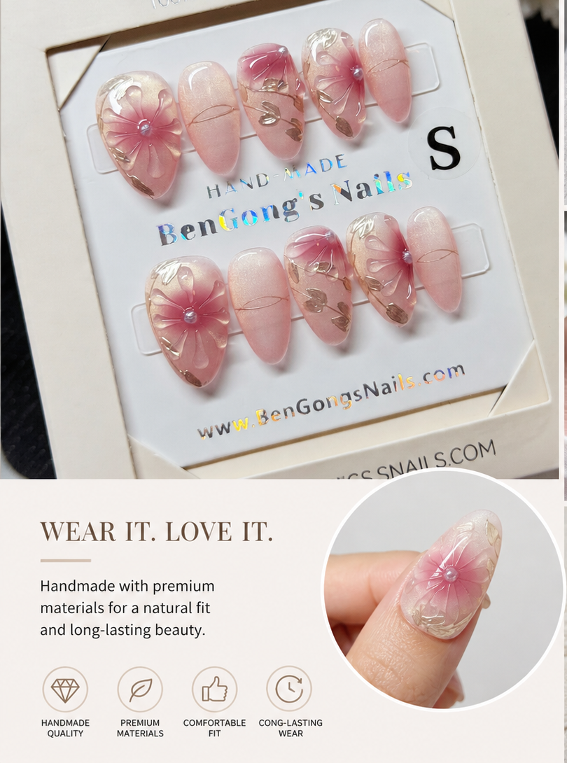 Blush Petals | Short Almond | Handmade Press-On Nails | Removable and Reusable | Free Tool Kit Included Regular