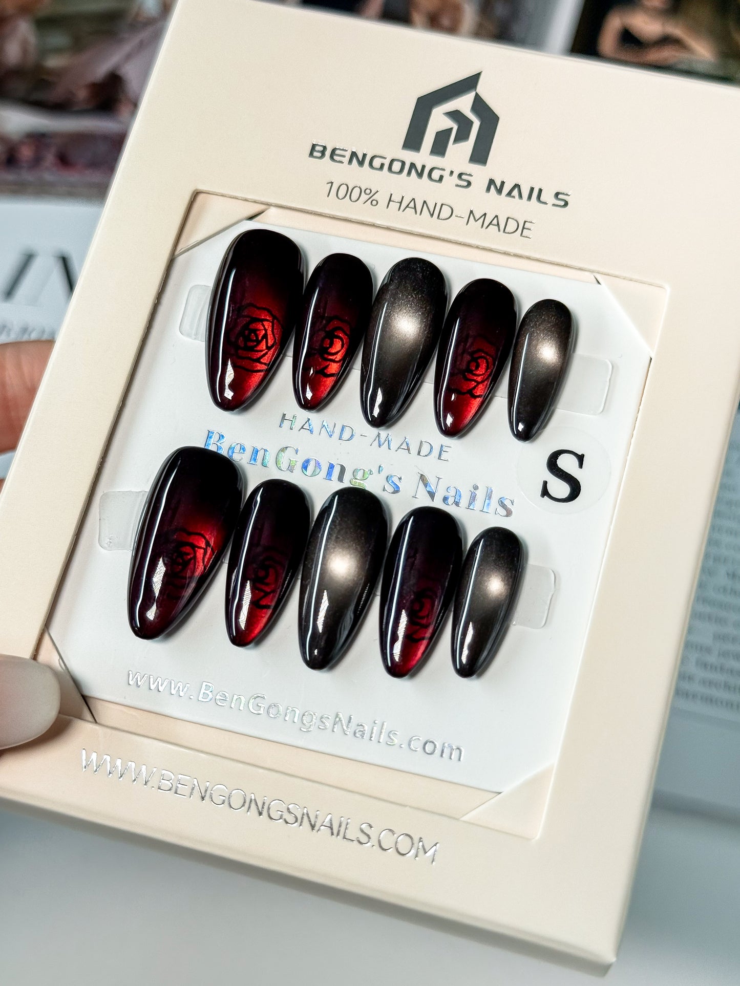 3 Nail Shapes | Crimson Rose in Black Cat-Eye | |Handmade Press-On Nails | Removable and Reusable | Free Tool Kit Included