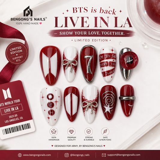 BTS ARMY Concert Nails – OT7 Limited Edition | Meduim Almond | Handmade Press-On Nails | Removable and Reusable | Free Tool Kit Included