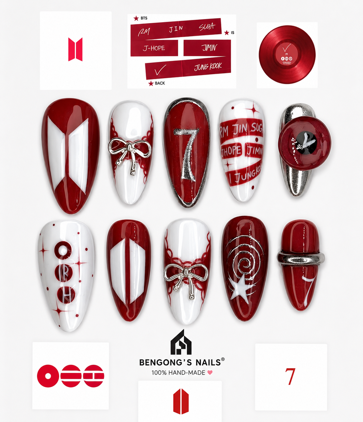 BTS ARMY Concert Nails – OT7 Limited Edition | Meduim Almond | Handmade Press-On Nails | Removable and Reusable | Free Tool Kit Included