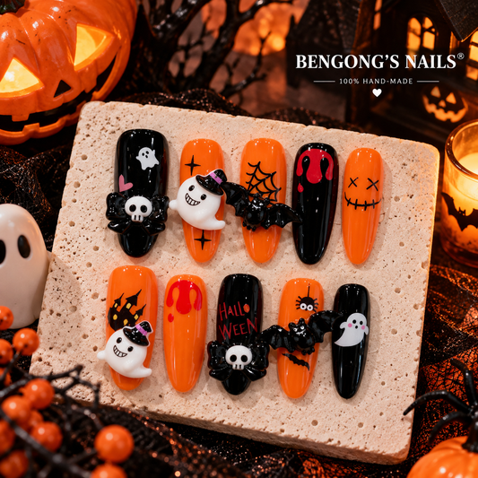 Spooky Night – Halloween Press On Nails | 3D Ghost & Skull Nails | Removable and Reusable | Free Tool Kit Included