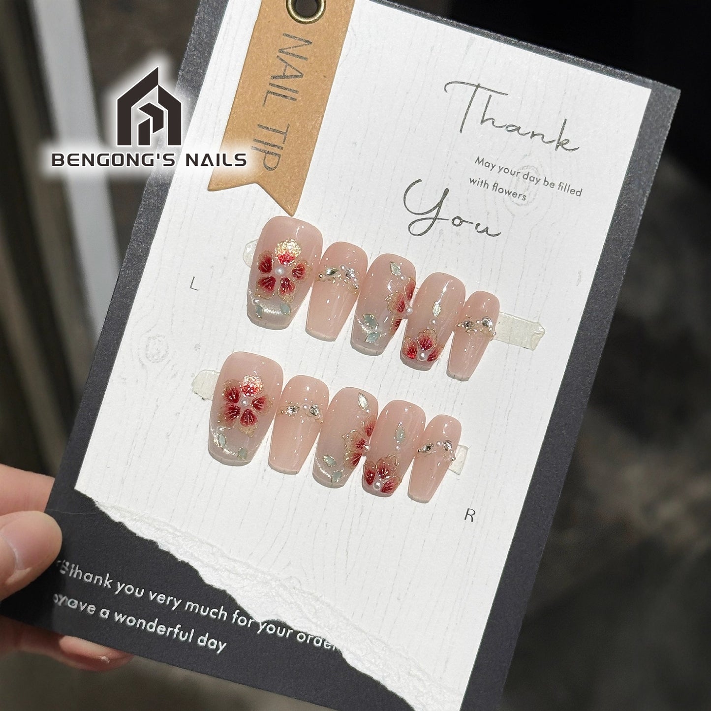3 Nails Shapes | Blush Enamel-Inspired Red Florals | Handmade Press-On Nails | Removable and Reusable | Free Tool Kit Included