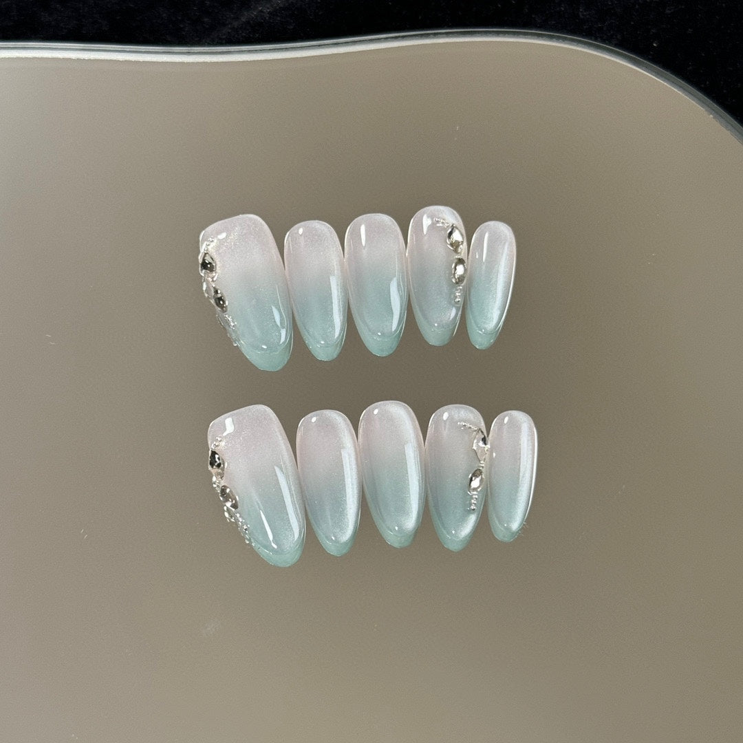 Medium Almond Ombre Haze Blue Cat Eye Handcrafted Press-On Nails | Removable and Reusable | Free Tool Kit Included