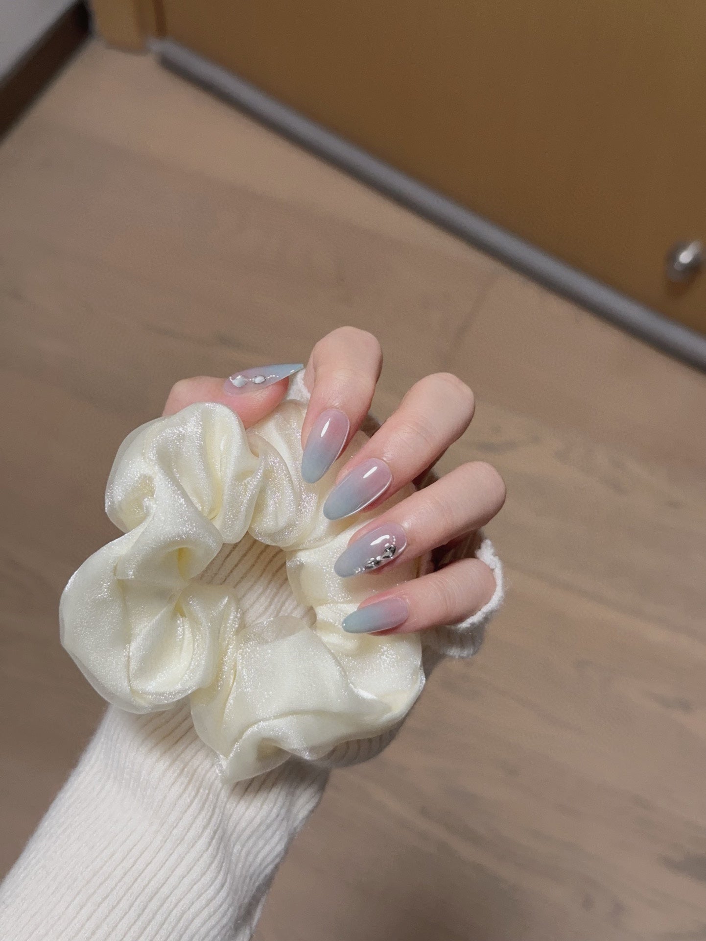 Medium Almond Ombre Haze Blue Cat Eye Handcrafted Press-On Nails | Removable and Reusable | Free Tool Kit Included