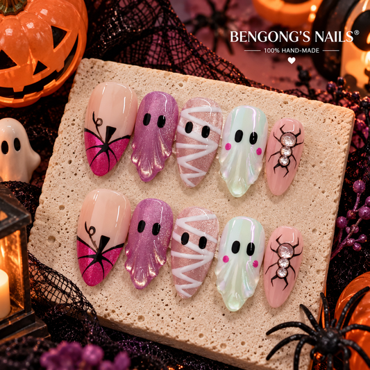 Pink Ghost Halloween Press On Nails – 3D Mummy & Spider Nails | Removable and Reusable | Free Tool Kit Included