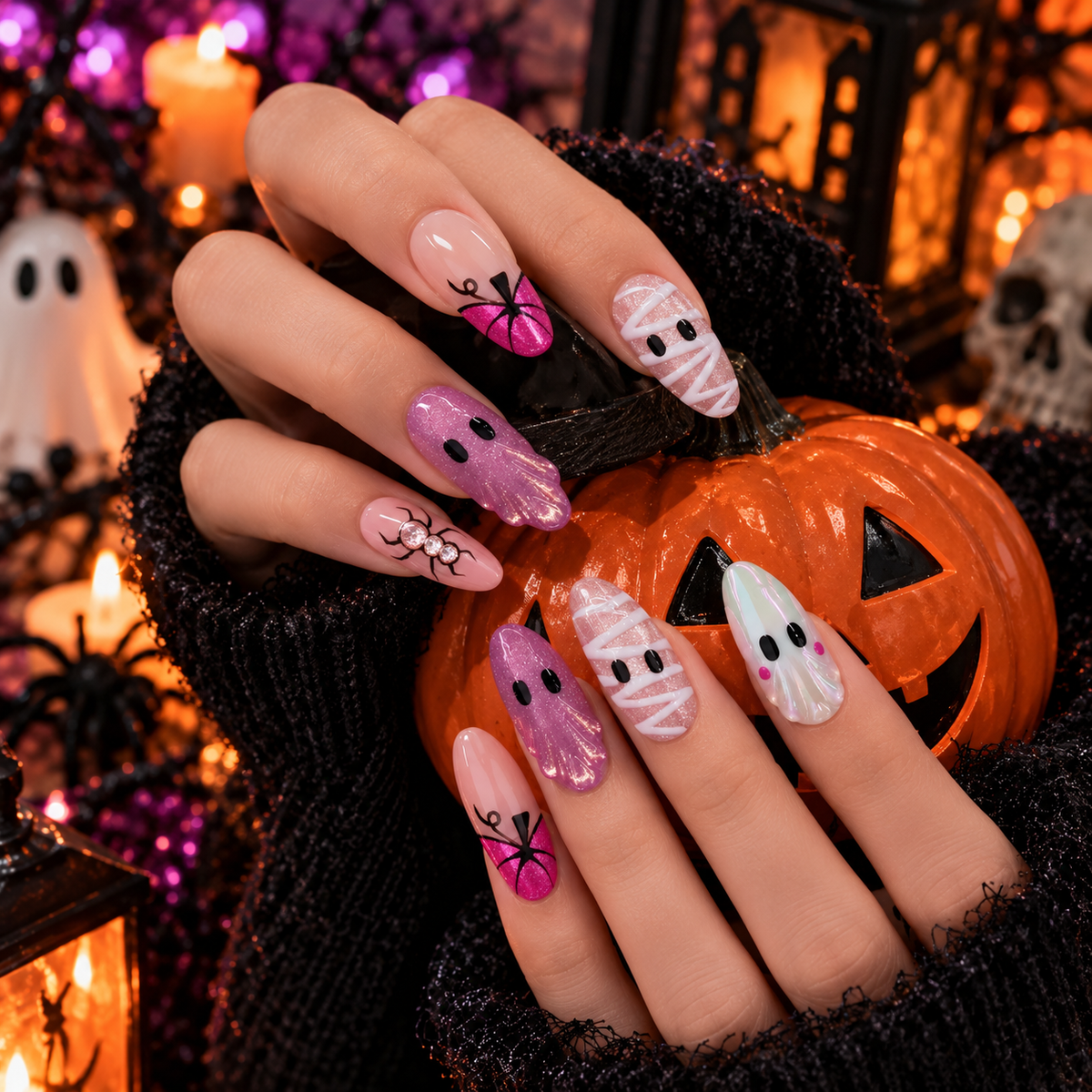 Pink Ghost Halloween Press On Nails – 3D Mummy & Spider Nails | Removable and Reusable | Free Tool Kit Included