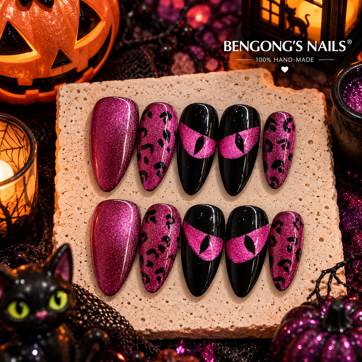 Pink Cat Eye Halloween Press On Nails – Black Leopard Nails | Removable and Reusable | Free Tool Kit Included
