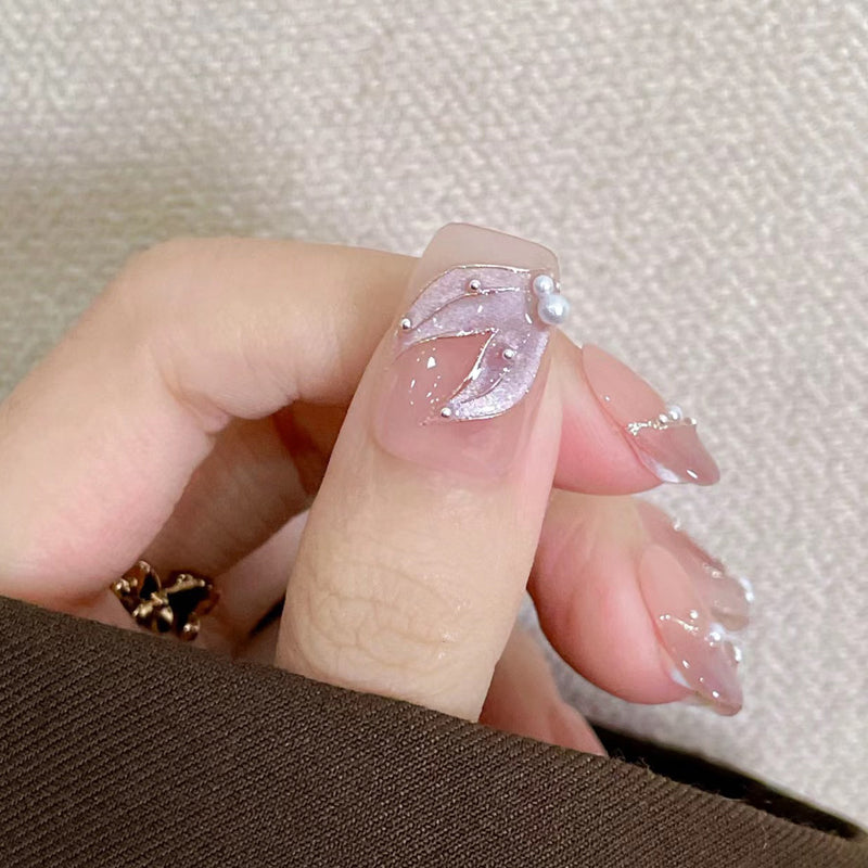 Ultra-Short Coffin Light Purple French Cat Eye Hand-Painted Mermaid Press-On Nails | Removable and Reusable | Free Tool Kit Included