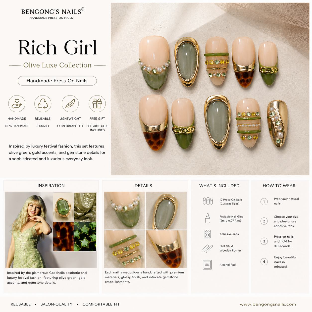 Rich Girl – Olive Luxe | Meduim Almond | Handmade Press-On Nails | Removable and Reusable | Free Tool Kit Included