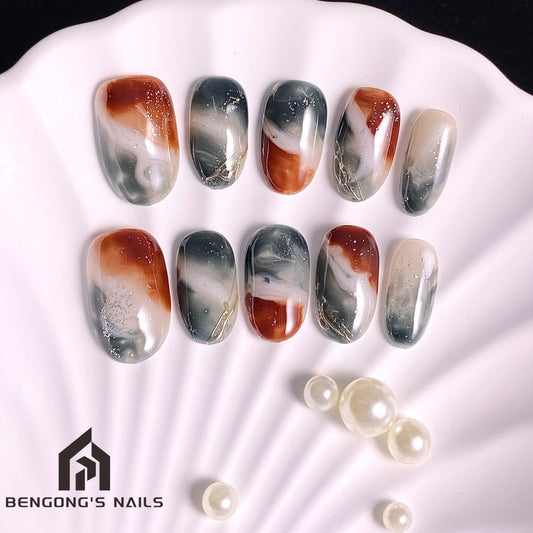 Autumn Smoke | Medium-length Oval |Handmade Press-On Nails | Removable and Reusable | Free Tool Kit Included