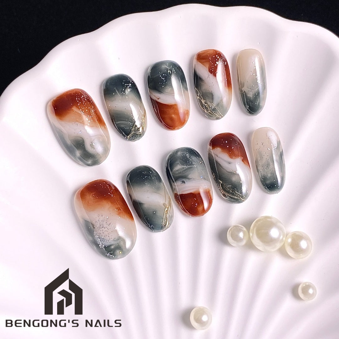 Autumn Smoke | Medium-length Oval |Handmade Press-On Nails | Removable and Reusable | Free Tool Kit Included