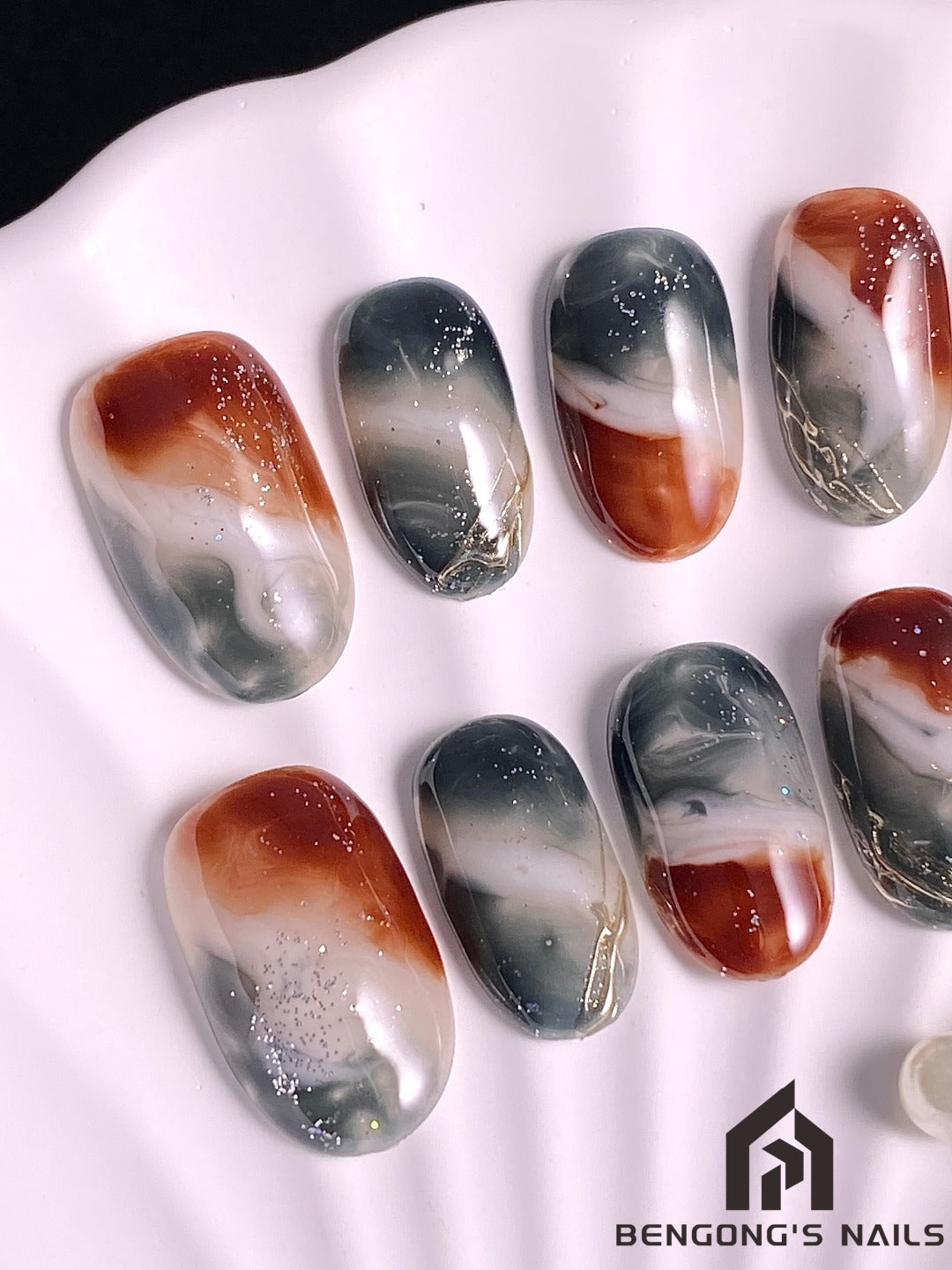 Autumn Smoke | Medium-length Oval |Handmade Press-On Nails | Removable and Reusable | Free Tool Kit Included