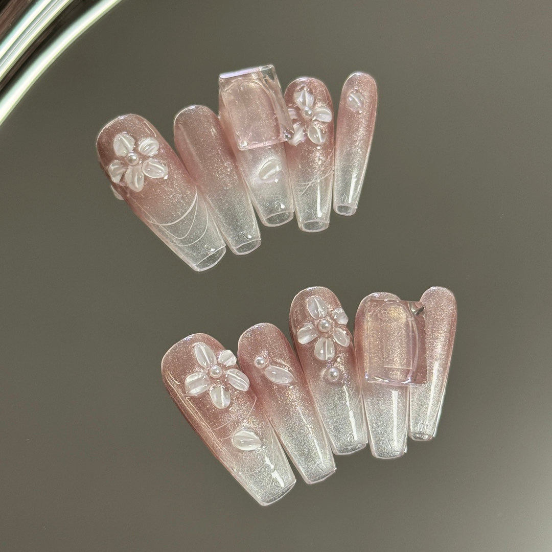 Ice Sugar Floral High-end Press On Nails | 3D Flower Nude Gentle Handmade Nails|Free Tool Kit Set Included