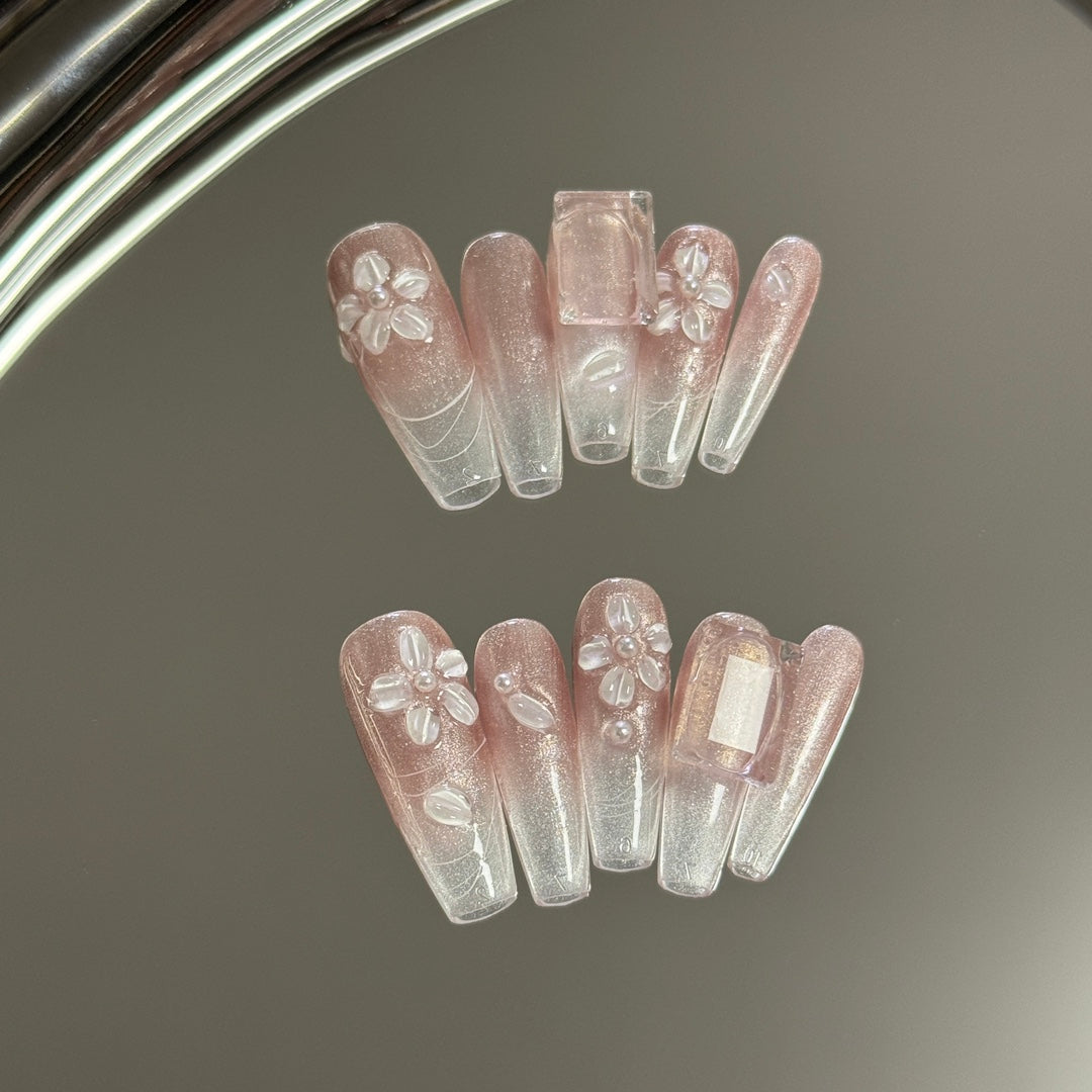 Ice Sugar Floral High-end Press On Nails | 3D Flower Nude Gentle Handmade Nails|Free Tool Kit Set Included