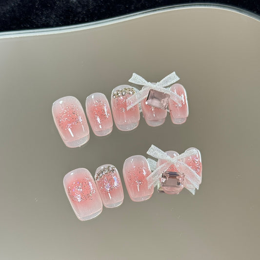 Nude Blush Ombre Short Square Handcrafted Press-On Nails | Adorned with Cute Bow Ties|Free Tool Kit Set Included