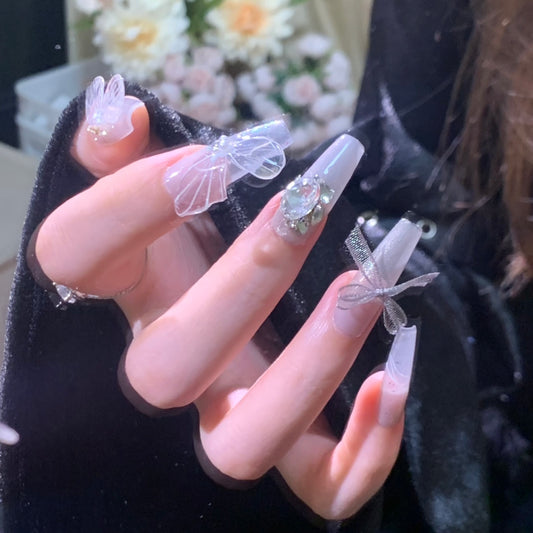 Exquisite 3D Butterfly Long Handmade Press On Nails | Adorned with Gentle 3D Bow Ties|Free Tool Kit Set Included