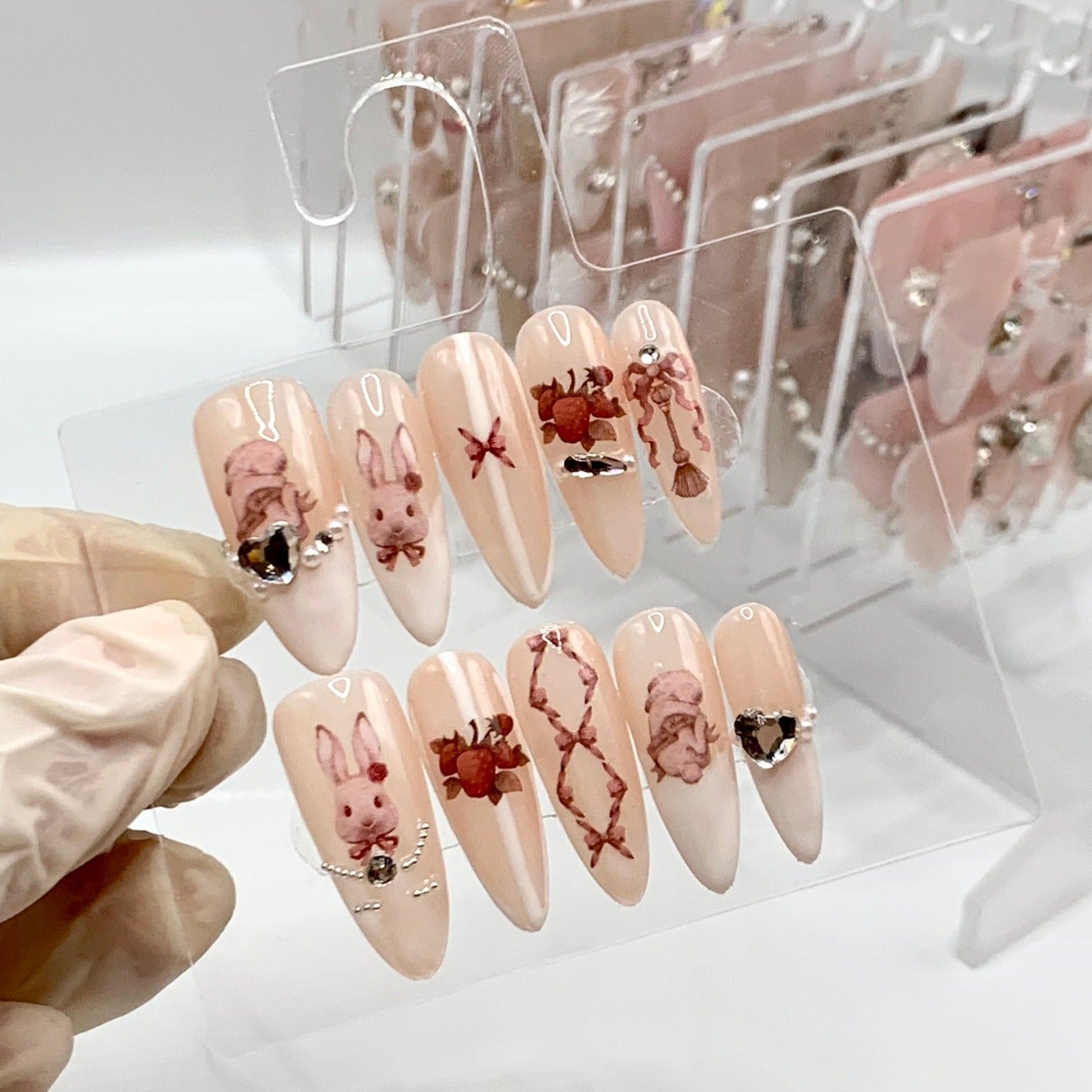 Long Almond Pink Bunny French White Oval Edge Handmade Press On Nails | Removable and Reusable | Free Tool Kit Included