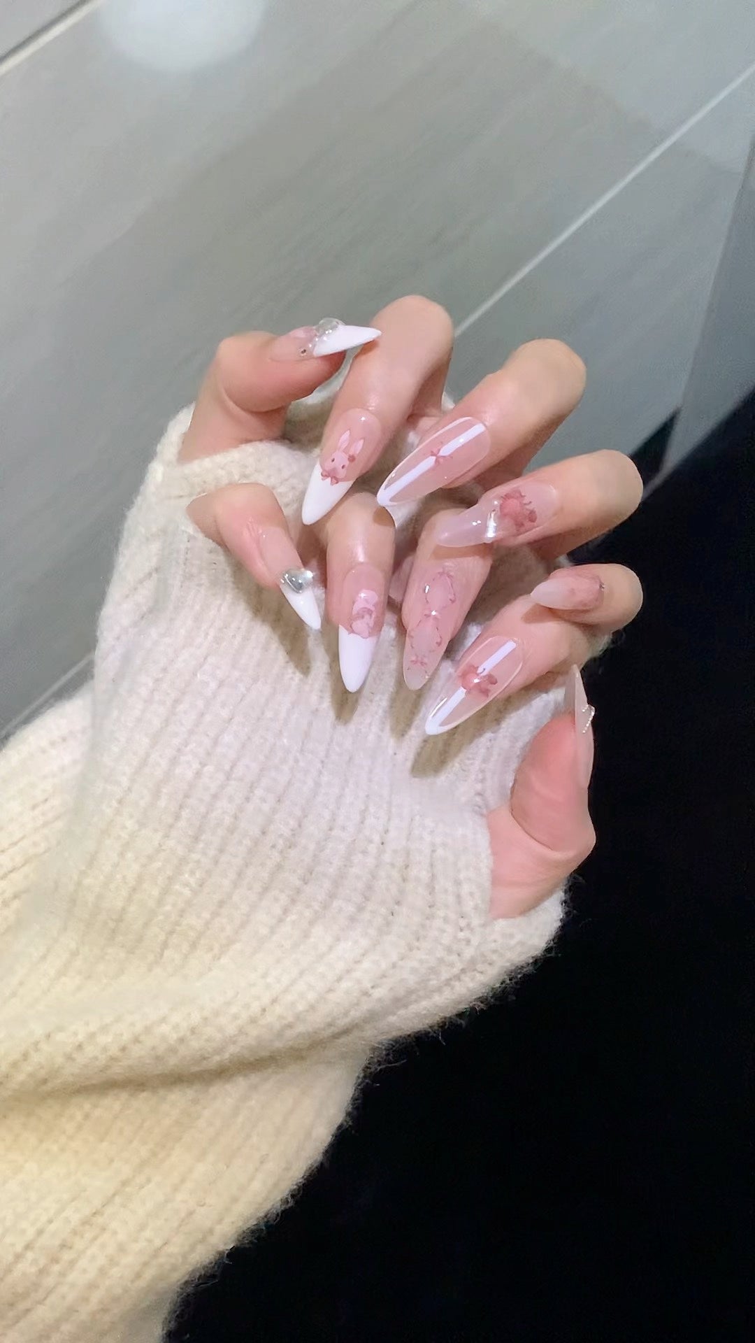 Long Almond Pink Bunny French White Oval Edge Handmade Press On Nails | Removable and Reusable | Free Tool Kit Included