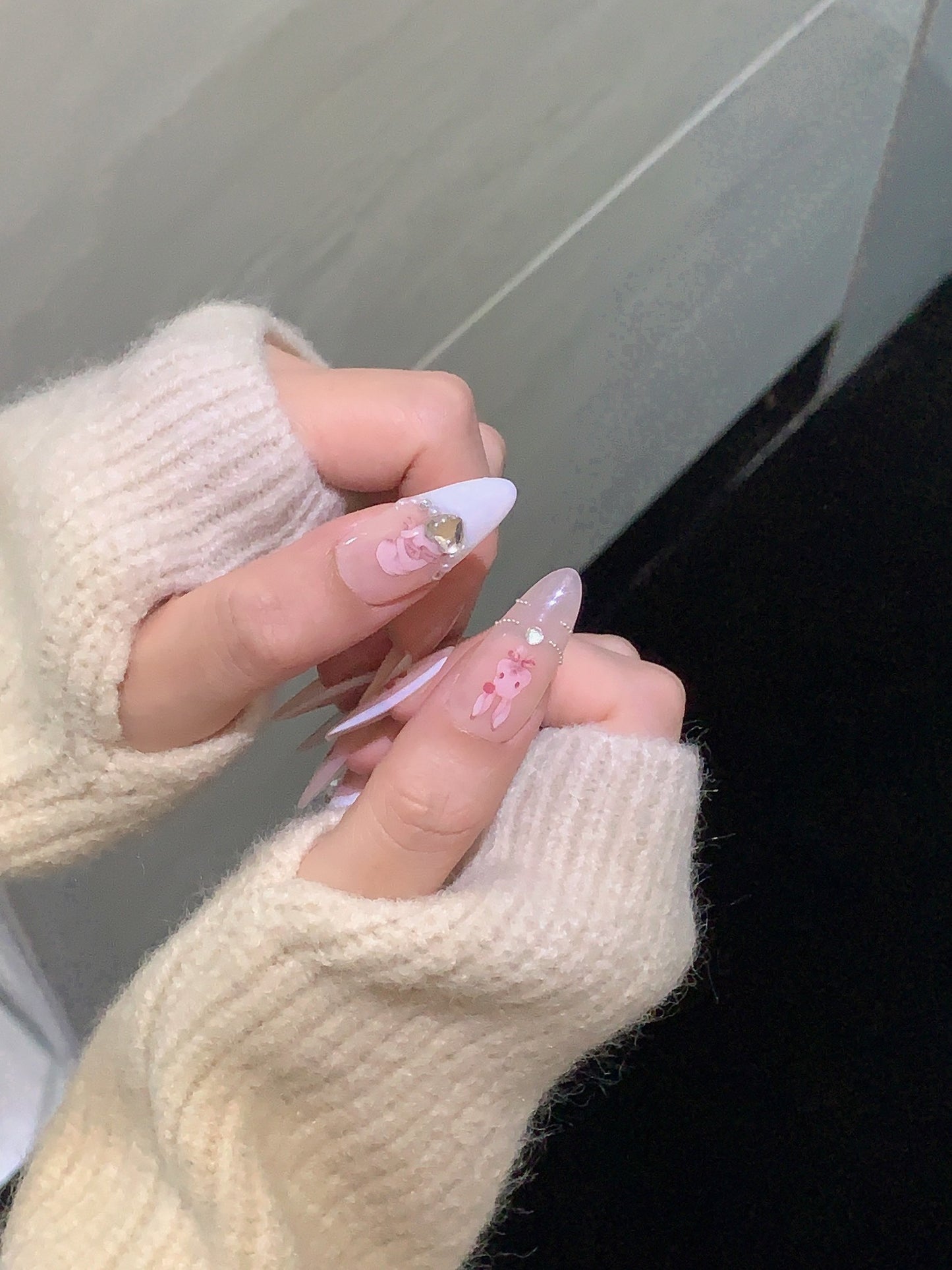 Long Almond Pink Bunny French White Oval Edge Handmade Press On Nails | Removable and Reusable | Free Tool Kit Included