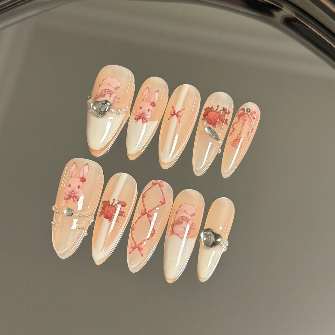 Long Almond Pink Bunny French White Oval Edge Handmade Press On Nails | Removable and Reusable | Free Tool Kit Included