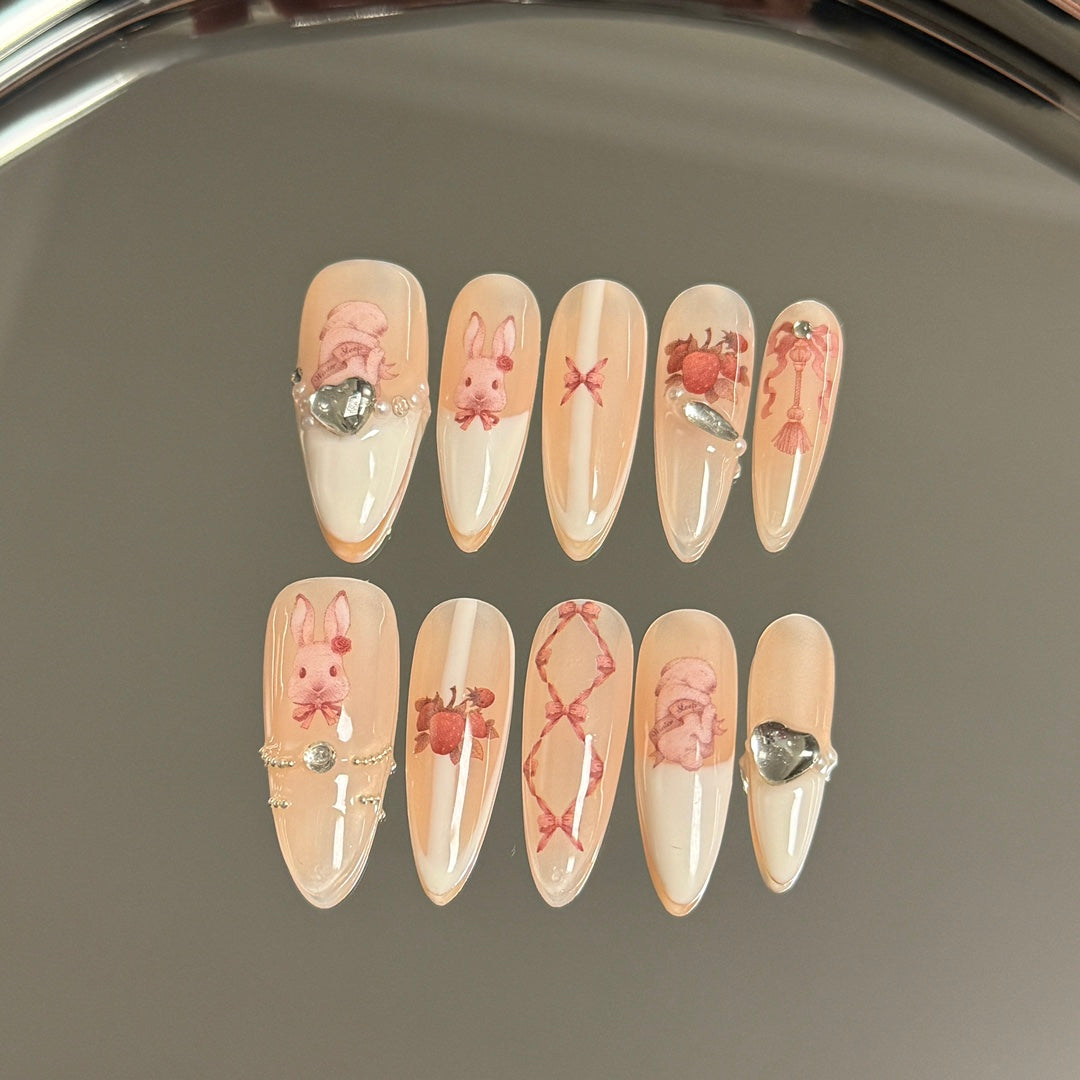 Long Almond Pink Bunny French White Oval Edge Handmade Press On Nails | Removable and Reusable | Free Tool Kit Included