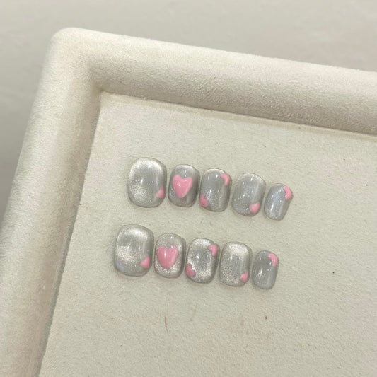 Silver Mirror Powder Heart Short Oval Handmade Press On Nails | Removable and Reusable | Free Tool Kit Included